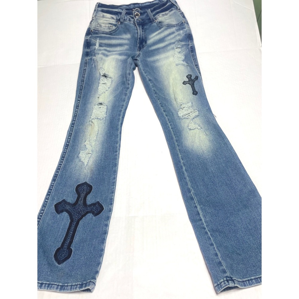 Flamingals‎ Distressed Cross Patch Flare Jeans Blue Denim Y2K Streetwear small